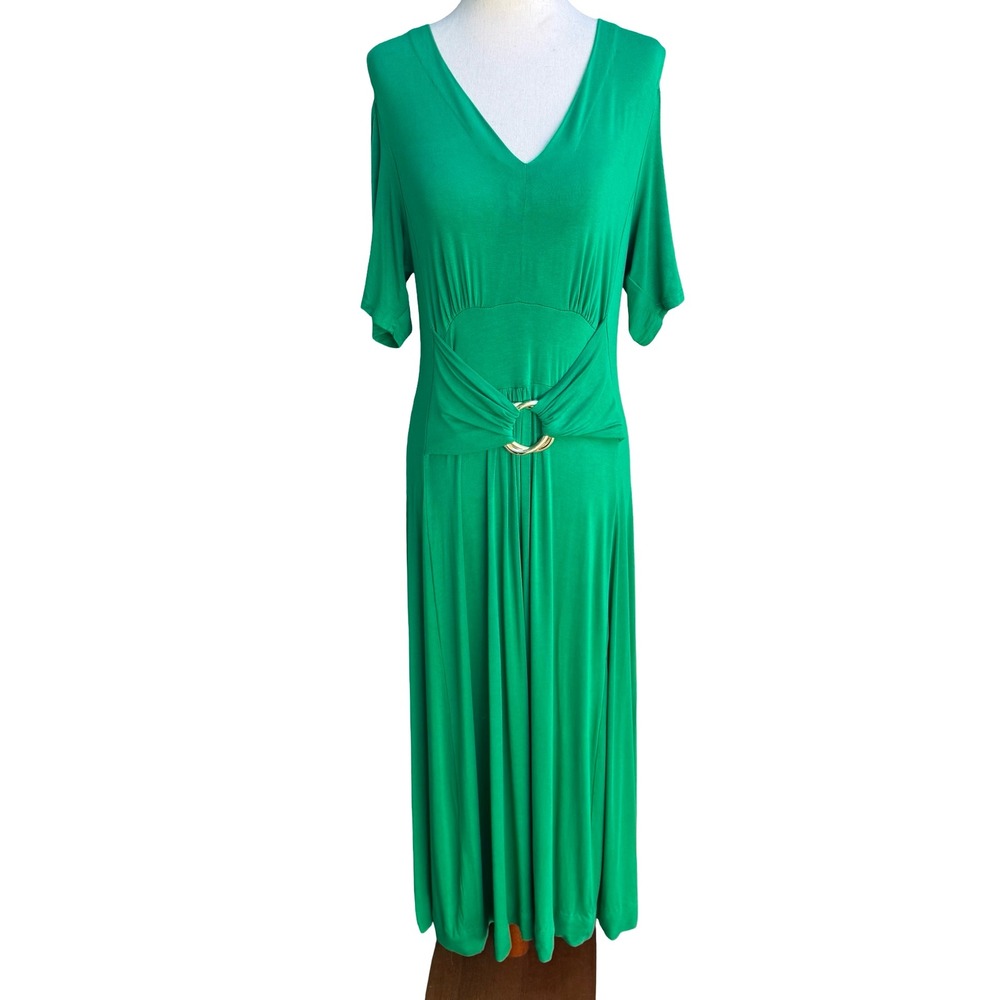 Liz Lange Grecian Resortwear Cold Shoulder Draped Ring Waist Maxi Dress Green L